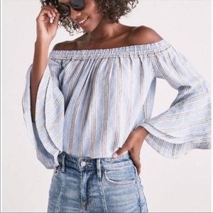 Lucky Brand Blue Bell Tiered Flutter Sleeve Off the Shoulder Striped Blouse
